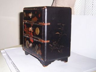 Antique Black Lacquered Oriental Chest Travel Jewelry Trinket Box inlay coins 3