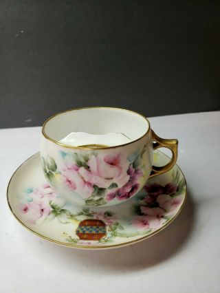Vintage Limoges Ak France Signed Mens Mustache Cup And Saucer Hand Painted Roses