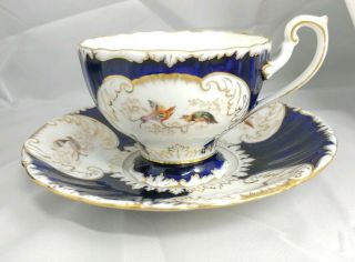 Vintage Cauldon Hand Colored Bird Cobalt Blue & Gold Scroll Work Tea Cup Saucer