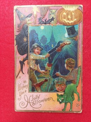 Halloween Postcard Nash - Jaeger Vintage 1910 Cat Bat Jack - O Lantern Prank
