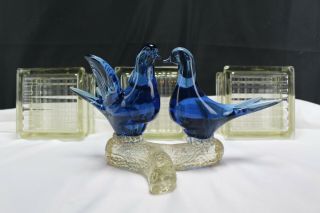 Vintage French Pulegoso Studio Art Glass Two Blue Birds On A Branch