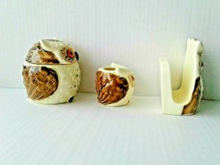 Enesco Ceramic Owl sugar bowl Toothpick Napkin Holder Brown White Japan VINTAGE 3