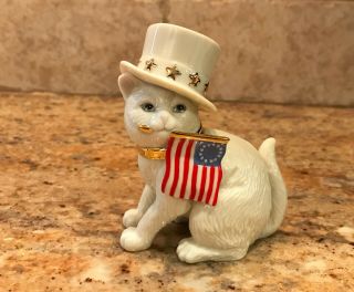Retired Lenox " Freedom Kitty " Porcelain Cat Figurine American Flag In Mouth