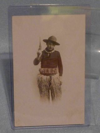 Vintage Real Photo Postcard Man In Wwi Era Hat Holding Gun,  Pistol,  Cowboy Type