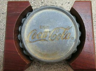Set Of (4) Vintage Coca - Cola Coke Bottle Cap 3 " Metal Coasters W/ Wooden Holder
