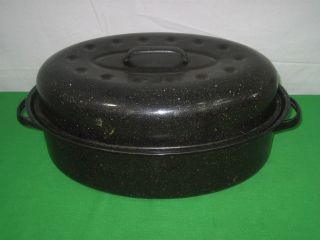 Vintage Dark Blue Speckled Enamel Roaster Pan With Lid Chicken Or Roast