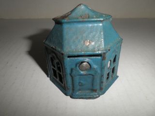 Great Old Cast Iron Six Sided Building Still Bank With Twist Pin C.  1890