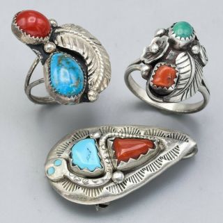 Effie Zuni Vintage Sterling Silver Turquoise Coral Brooch Pendant & 2 Ring Set