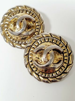 Vintage Clip On Logos Cc Chanel Gold Tone Button Earrings