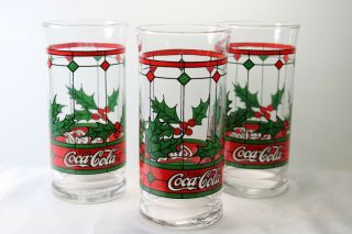Coca Cola 6 " Red Green Holly Berry Christmas Stained Glass 3 Tumblers Holiday