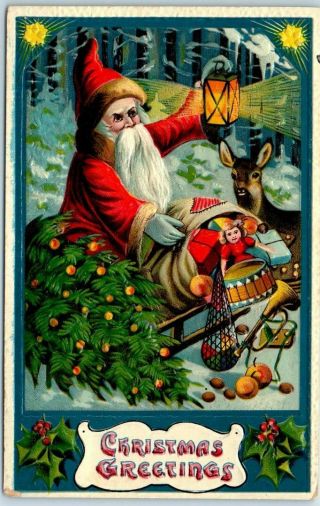 Vintage 1912 Christmas Postcard Santa Claus W/ Lantern,  Marooned In The Woods