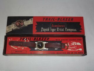 Vintage Hiking 1960s Trail Blazer Luminous Wrist Compass In Red Box Nos
