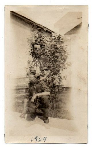 Man Kneeling Down Standing Up Double Exposure Unusual Vintage Snapshot Photo