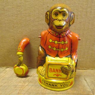 1930s J Chein - Organ Grinder Monkey Coin Bank,  Tin Litho,  Complete