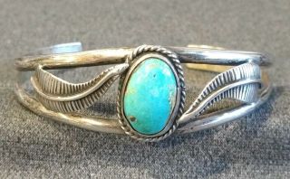 Vintage Navajo Turquoise & Sterling Silver Cuff Bracelet Feather Leaf Design