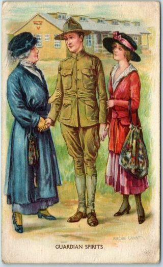 1910s Wwi Artist Archie Gunn Postcard " Guardian Spirits " W/ Soldiers Mail Cancel