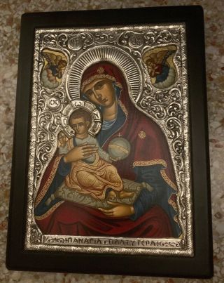 Vintage Mary W Jesus Child & Angels In Sterling Silver Icon Greek Orthodox