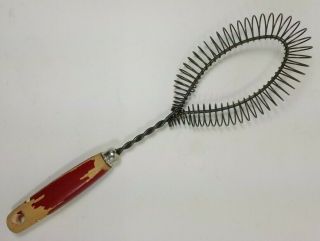 Coil Wire Whisk Red Wood Handle Vintage Utensil Farmhouse Kitchen