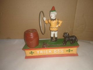 Vintage Trick Dog Cast Iron Mechanical Coin Bank Clown Hoop Dog Barrel