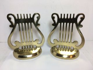 Vintage Set Of 2 Brass Lyre Book Ends Music 6” Home Office Library Decor