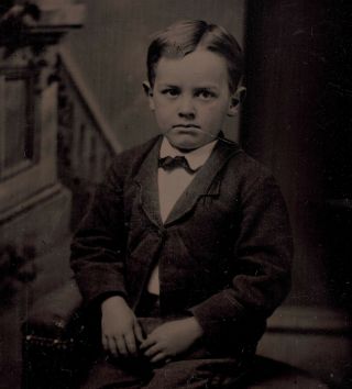 Old Vintage Antique Tintype Photo Young Adorable Little Boy Sitting All Alone