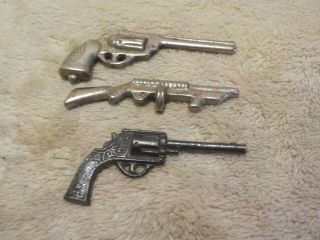 3 Miniature Toy Solid Metal Toy Premiums Pistol N Machine Gun 2.  5 " Long