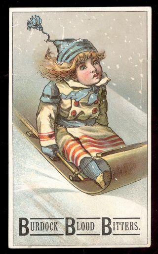 1880 ' s BURDOCK BLOOD BITTERS TRADE CARD,  WORRIED LITTLE GIRL ON HER SLED Z2 2