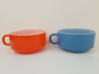 Vintage Glasbake Soup Chili Handle Bowl Set Orange Blue J - 2711 Usa Stackable