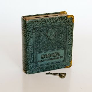 Vintage Old Singer Coin Bank.  (book Shaped) Green With Key