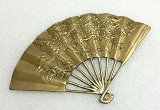 Vintage Cast Brass Asian Fan Decor Or Trivet,  Bird & Floral Design