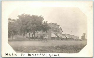 Merrill,  Iowa Rppc Photo Postcard Main Street Downtown Scene / Horse Cart C1910s