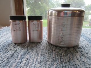 Vtg Set Of Spun Aluminum Range Shakers And Grease Canister,  Rose Finish,  Italy