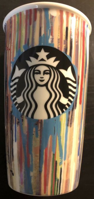 Starbucks 2015 Paint Drip Stripes 12oz Artsy Ceramic Travel Tumbler Mug Coffee
