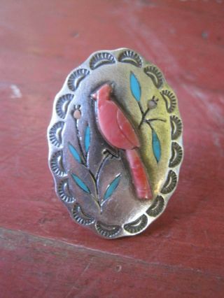 Vintage Zuni Native Sterling Silver Turquoise Coral Cardinal Inlay Ring Size 6