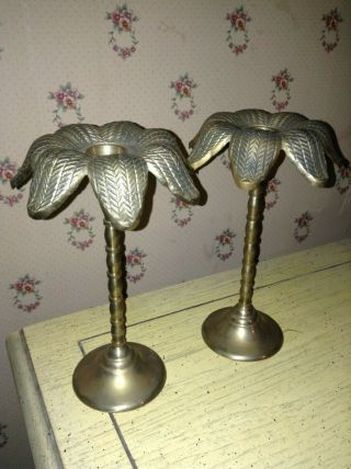 Brass Made In Taiwan 1985 Palm Tree Candlestick Holders Set 2