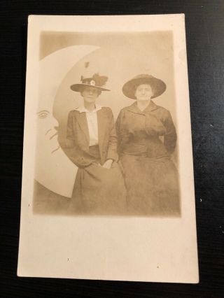Rppc Photo Postcard - - Two Women Hats Sitting On Paper Moon - Early Portrait Pc