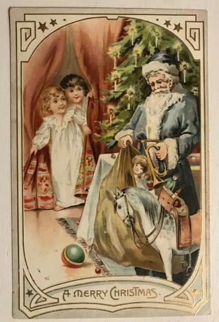 Tuck - Christmas Blue Robe Santa Claus W.  Little Girls Toys Antique Postcard - M765