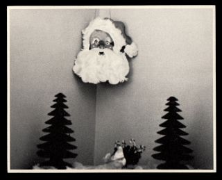Nightmarish Santa Claus Cardboard Face & Christmas Trees 1940s Vintage Photo