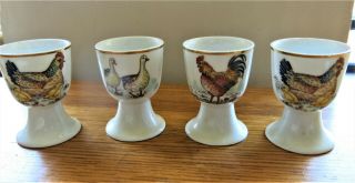 Porcelain Egg Cups Set Of 4 Hen Chicken Rooster Goose Bird White Gold Rims
