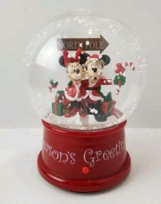 Gemmy Disney Mickey Minnie Mouse North Pole Santa Musical Waterless Snowglobe