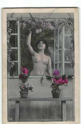Antiq.  Hand - Colored Portrait Semi - Nude Woman Europe - French? Artist Sign Postcard