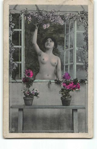 Antiq.  Hand - Colored Portrait Semi - Nude Woman Europe - French? Artist Sign Postcard 3