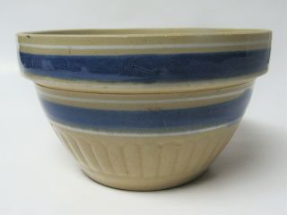 Vintage Yellow Ware Stoneware Pottery 7 " Blue/white Stripes Ribbed Mixing Bowl