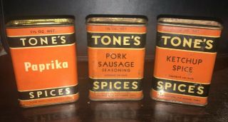 3 Different Vintage Tone’s Metal Spice Tins Advertising Country Store