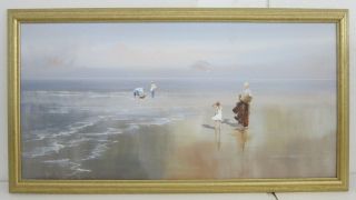 Jonathan Wells Signed Vintage Day At The Beach Oil Painting Gilt Framed 21x39