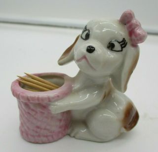 Vintage Japan Ceramic Dog With Basket Toothpick Holder