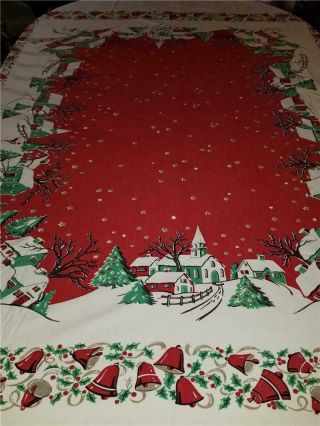 Vtg Cotton Christmas Tablecloth Snowy Village Scene Church Houses Trees 60x66
