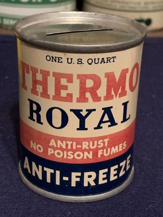 Vintage Thermo Royal Anti - Freeze Coin Bank 3 " Metal Oil Can Gas Sign