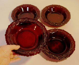 (4) Four Avon Ruby Red 1876 Cape Cod Rim 7.  5 " Soup Bowls " Glass Salads Cereals