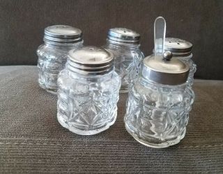 Vintage 6 Piece Glass Condiment Set 2 1/2 " Tall,  Shakers,  Mustard Jars